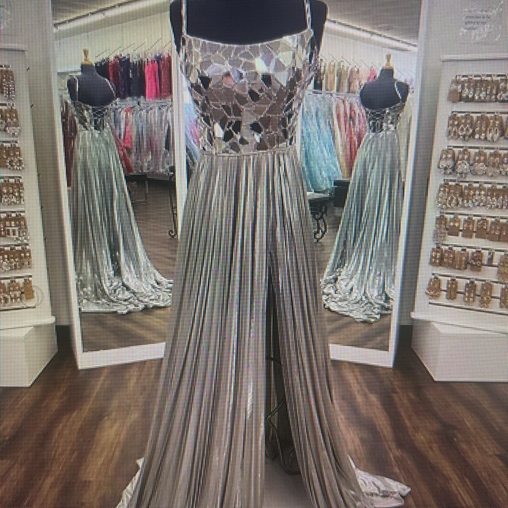 Sherri Hill Silver Mirrored Mosaic Bodice Metallic Pleated Gown